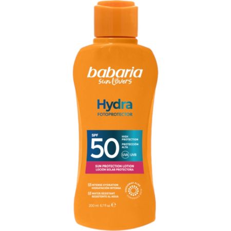 Babaria Hydra Fotoprotector Loción Solar Protectora Spf 50 Leche solar corporal resistente al agua mejora la penetración y eficacia hidratante del aloe vera 100 ml