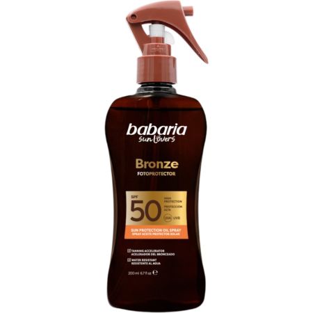 Babaria Bronze Fotoprotector Spray Aceite Protector Solar Spf 50 Aceite bronceador solar corporal resistente al agua acelera el bronceado para un acabado más rápido e intenso 200 ml