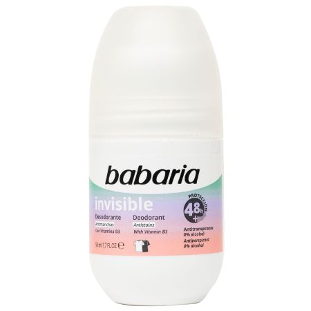 Babaria Invisible Desodorante Roll-On Desodorante sin alcohol ayuda a reducir manchas regulando la producción de sebo con vitamina b3 48 horas 50 ml