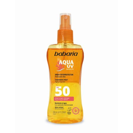 Babaria Aqua Uv Innovación Spray Fotoprotector Spf 50 Aceite protector resistente al agua acelerador del bronceado 200 ml
