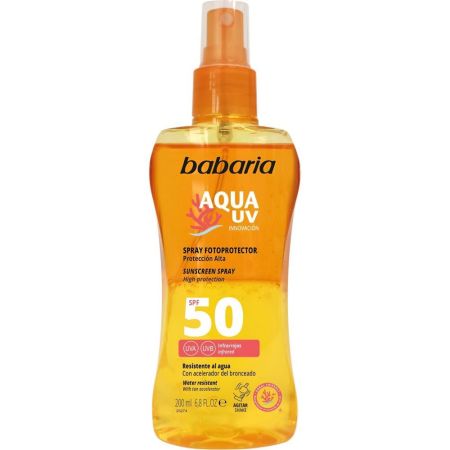 Babaria Aqua Uv Innovación Spray Fotoprotector Spf 50 Aceite protector resistente al agua acelerador del bronceado 200 ml