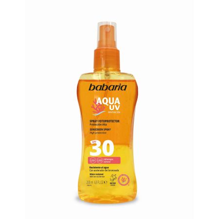 Babaria Aqua Uv Innovación Spray Fotoprotector Spf 30 Aceite protector resistente al agua acelerador del bronceado 200 ml
