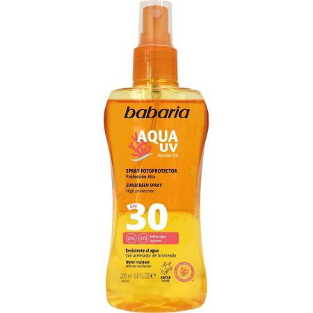 Babaria Aqua Uv Innovación Spray Fotoprotector Spf 30 Aceite protector resistente al agua acelerador del bronceado 200 ml
