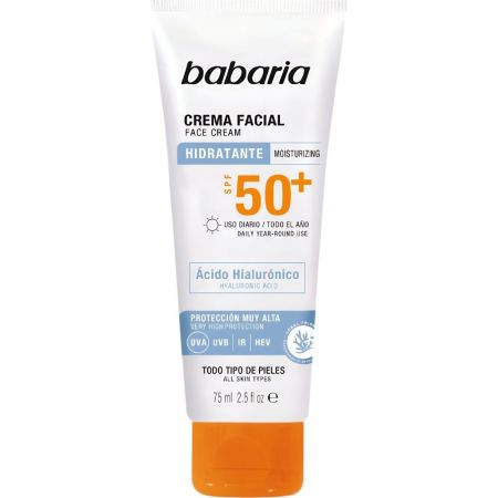 Babaria Hidratante Crema Facial Spf 50+ Protector solar facial  hidratante con ácido hialurónico reduce manchas y atenúa arrugas 75 ml