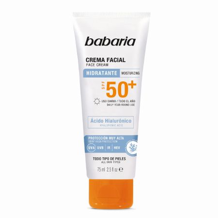 Babaria Hidratante Crema Facial Spf 50+ Protector solar facial  hidratante con ácido hialurónico reduce manchas y atenúa arrugas 75 ml