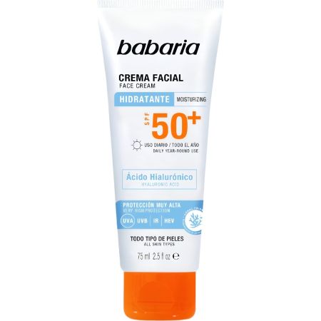 Babaria Hidratante Crema Facial Spf 50+ Protector solar facial  hidratante con ácido hialurónico reduce manchas y atenúa arrugas 75 ml