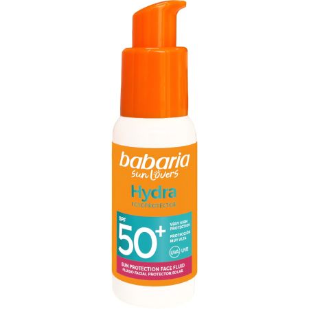Babaria Hydra Fotoprotector Fluido Facial Protector Solar Spf 50+ Loción solar facial resistente al agua ofrece una hidratación profunda con ácido hilalurónico y exoxomas de aloe vera 200 ml