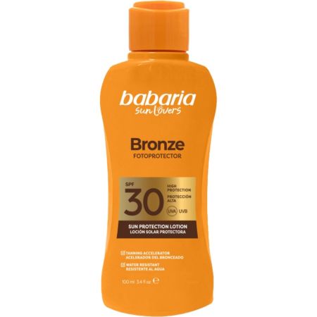 Babaria Bronze Fotoprotector Loción Solar Protectora Spf 30 Leche solar corporal resistente al agua acelera el bronceado para un acabado más rápido e intenso