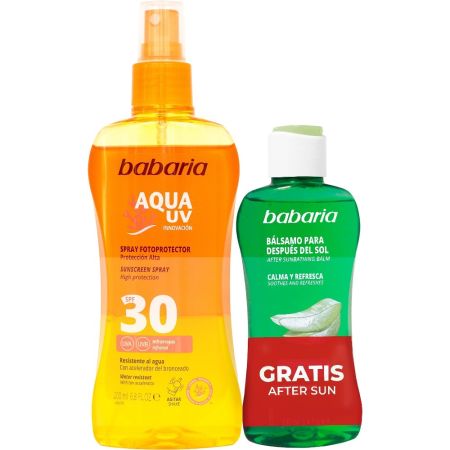 Babaria Aqua Uv Spray Fotoprotector Spf 30+Aloe After Sun Gratis Pack regalo protección solar para cuidarte antes y después del sol