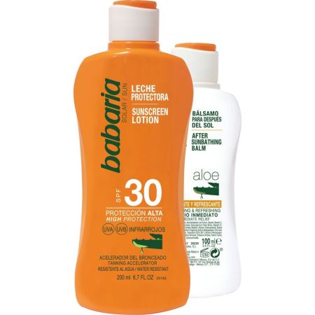 Babaria Leche Protectora Spf 30 + Aloe Bálsamo Después Del Sol Pack Set de protección solar completa para antes y después del sol con aloe vera