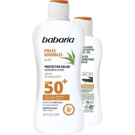 Babaria Aloe Pieles Sensibles Protector Spf 50+ Aloe After Sun Pack Set de protección solar completo para antes y después del sol con aloe vera