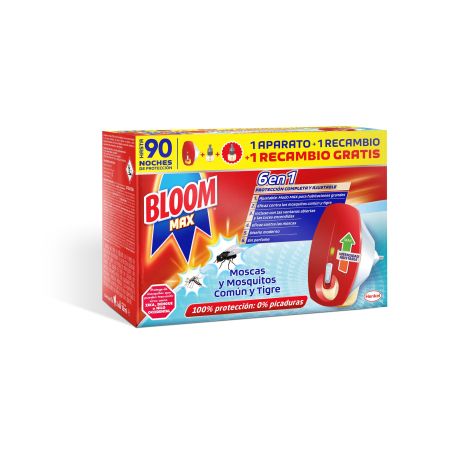 Bloom Insecticida Max Moscas Y Mosquitos 6en1 Formato Especial Insecticida eléctrico antipicaduras 100% de protección 1 aparato + 2 recambios