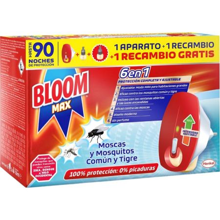 Bloom Insecticida Max Moscas Y Mosquitos 6en1 Formato Especial Insecticida eléctrico antipicaduras 100% de protección 1 aparato + 2 recambios