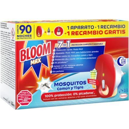 Bloom Insecticida Max Moscas Y Mosquitos 6en1 Formato Especial Insecticida eléctrico antipicaduras ofrece hasta 90 noches de protección 1 aparato + 2 recambios
