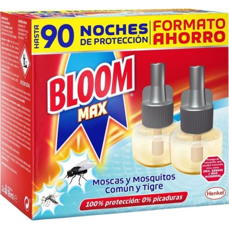 Bloom Max Moscas Y Mosquitos Común Y Tigre Recambio Formato Ahorro Insecticida eléctrico fórmula concentrada de acción rápida ofreciendo hasta 90 noches de protección 2 uds