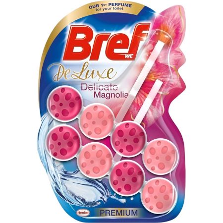 Bref Colgador Wc Deluxe Delicate Magnolia Premium Duplo Colgador wc neutralizador de olores ofrece limpieza frescor y aroma duradero a magnolia protegiendo contra la cal 2x50 gr