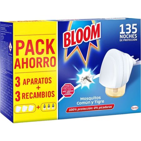 Bloom Insecticida Mosquitos Común Y Tigre Pack Ahorro Insecticida eléctrico 100% de protección 3 aparatos + 3 recambios