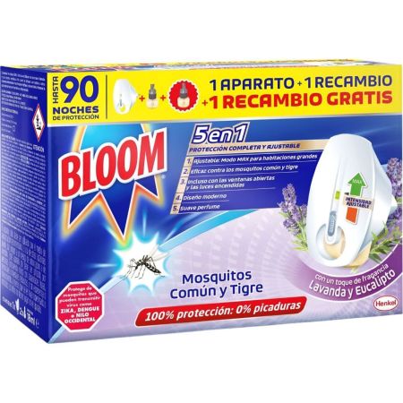 Bloom Insecticida Mosquitos Común Y Tigre 5en1 Formato Especial Insecticida eléctrico 100% de protección aroma lavanda y eucalipto 1 aparato + 2 recambios