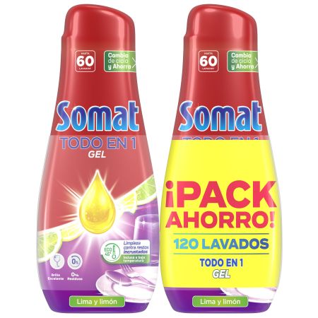 Somat Lavavajillas Todo En 1 Duplo Super Ahorro Lavavajillas a máquina gel con aroma lima y limón con gran poder de limpieza