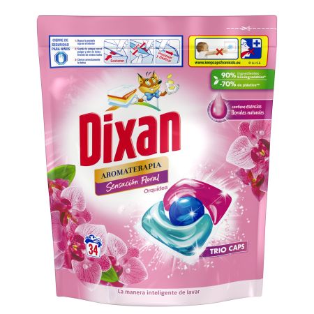 Dixan Detergente Aromaterapia Sensación Floral Orquídea Trio Caps Detergente en cápsulas ofrece limpieza profunda frescor y luminosidad