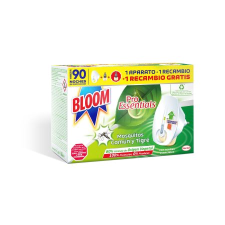 Bloom Insecticida Pro Essentials Mosquitos Formato Especial Insecticida eléctrico 100% de protección con aceites esenciales 1 aparato + 2 recambios