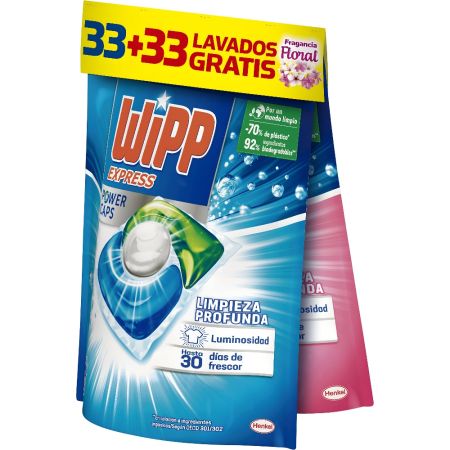 Wipp Express Detergente Power Caps+ Detergente Explosión Floral Gratis Pack regalo de lavado en cápsulas ofrece limpieza profunda luminosiidad y frescor 66 lavados