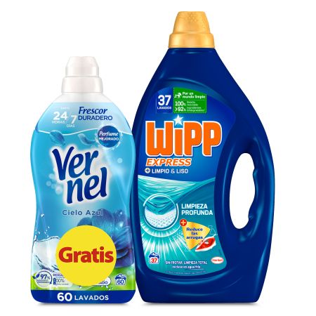 Wipp Express Detergente Limpio & Liso + Suavizante Cielo Azul Pack regalo para el lavado de la ropa
