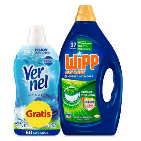 Wipp Express Detergente Higiene &  Antiolores + Suavizante Cielo Azul Pack regalo para el lavado de la ropa