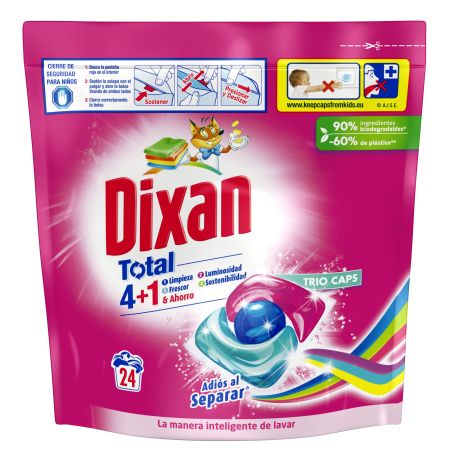 Dixan Detergente Total 4+1 Trio Caps Adiós Al Separar Detergente en cápsulas antitransferencia de colores para una limpieza profunda