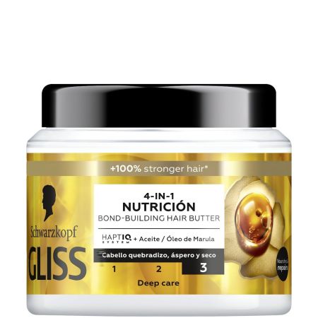 Gliss 4-In-1 Nutrición Bond-Building Hair Mask Mascarilla reparadora para cabello quebradizo áspero y seco 400 ml