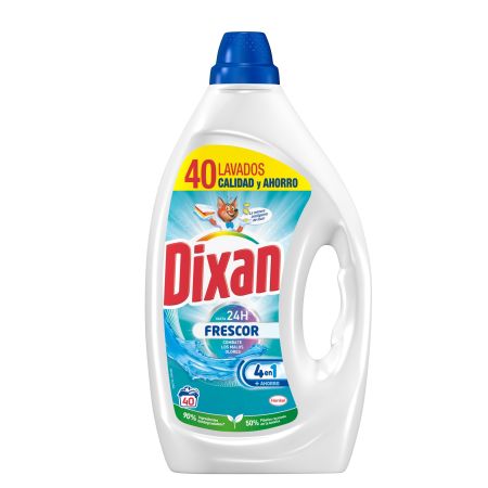 Dixan Detergente Frescor 4 En 1 +Ahorro Detergente líquido gran poder quitamanchas fragancia fresca 24 horas 40 lavados 1800 ml