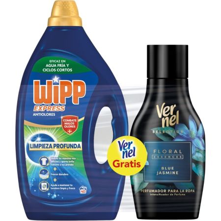 Wipp Express Detergente Limpieza Antiolores+Perfumador Vernel Gratis Pack regalo para el lavado de la ropa ofrece la mejor limpieza antiolores incluso en agua fría con aroma a flores