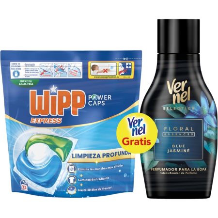 Wipp Express Detergente Power Caps Limpieza+Perfumador Vernel Gratis Pack regalo para el lavado de la ropa ofrece la mejor limpieza en cápsulas incluso en agua fría con aroma a flores
