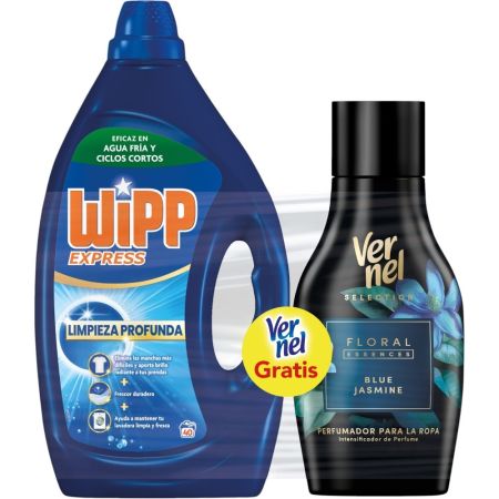 Wipp Express Detergente Limpieza Profunda+Perfumador Vernel Gratis Pack regalo para el lavado de la ropa ofrece la mejor limpieza incluso en agua fría con aroma a flores