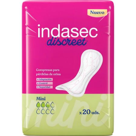 Indasec Compresas Discreet Mini Compresa antifugas y antiolores con doble núcleo absorbente para pérdidas de orina 20 uds