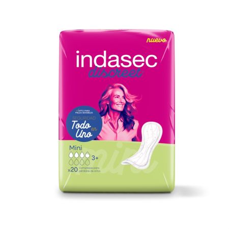 Indasec Compresas Discreet Mini Compresa antifugas y antiolores con doble núcleo absorbente para pérdidas de orina 20 uds