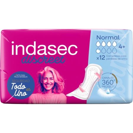 Indasec Compresas Discreet Normal Compresas antifugas y antiolores con doble núcleo absorbente para pérdidas de orina