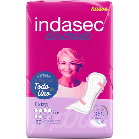 Indasec Compresas Discreet Extra Compresa antifugas y antiolores con doble núcleo absorbente para pérdidas de orina 20 uds