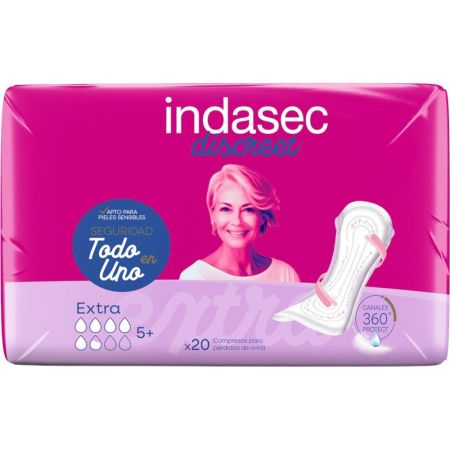 Indasec Compresas Discreet Extra Compresa antifugas y antiolores con doble núcleo absorbente para pérdidas de orina 20 uds