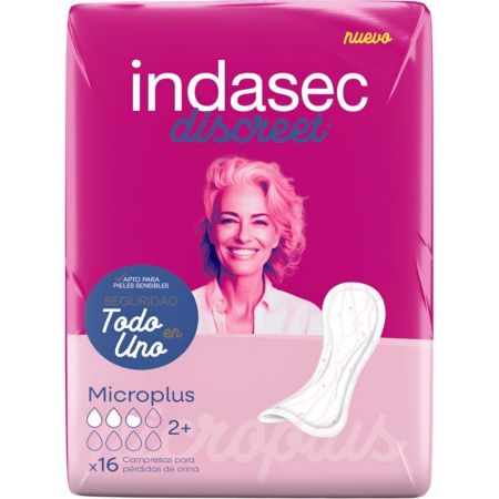 Indasec Discreet Microplus Compresas Compresas para pequeñas u ocasionales pérdidas de orina absorbe las pérdidas y el olor en segundos 16 uds