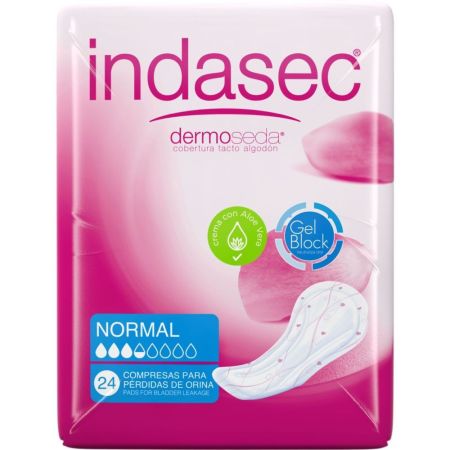 Indasec Compresas Dermo Seda Normal Compresa antifugas y antiolores con doble núcleo absorbente 24 uds