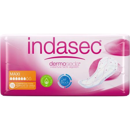 Indasec Compresas Dermo Seda Maxi Compresas antifugas y antiolores con doble núcleo absorbente 15 uds