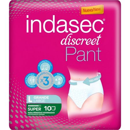 Indasec Pant Discreet Super Talla L Pant antifugas y antiolores con núcleo absorbente para pérdidas moderadas 10 uds