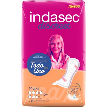 Indasec Compresas Discreet Maxi Compresa antifugas y antiolores con doble núcleo absorbente 15 uds