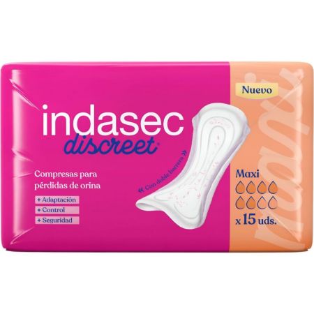 Indasec Compresas Discreet Maxi Compresa antifugas y antiolores con doble núcleo absorbente 15 uds