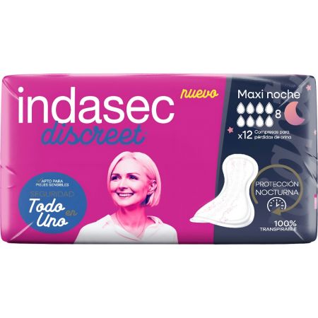 Indasec Compresas Discreet Maxi Noche Compresas antifugas y antiolores con doble núcleo absorbente para pérdidas de orina 12 uds
