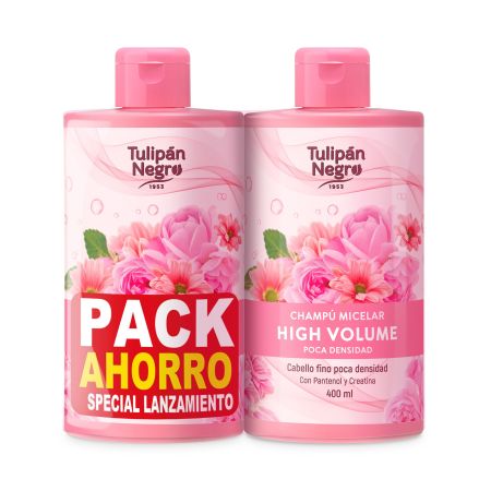 Tulipan Negro Hight Volume Champú Micelar Duplo Pack Ahorro Champú aporta un gran volumen a cabellos finos con poca densidad 2x400 ml