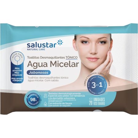 Salustar Agua Micelar 3en1 Toallitas Desmaquillantes Tónico Toallitas faciales jabonosas limpian y desmaquillan en profundidad al instante equilibrando el ph de la piel 20 uds