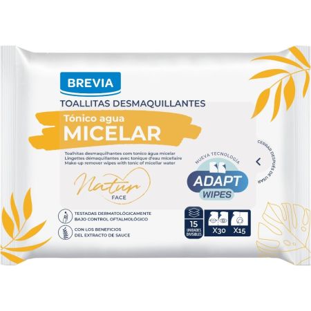Brevia Tónico Agua Micelar Toallitas Desmaquillantes Toallitas desmaquillantes limpian y refrescan con los beneficios del extracto de sauce 15 uds
