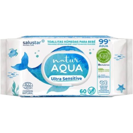Salustar Natur Aqua Ultra Sensitive Toallitas Húmedas Para Bebé Toallitas húmedas para bebé limpieza profunda y delicada con 99% agua y fibras naturales 60 uds